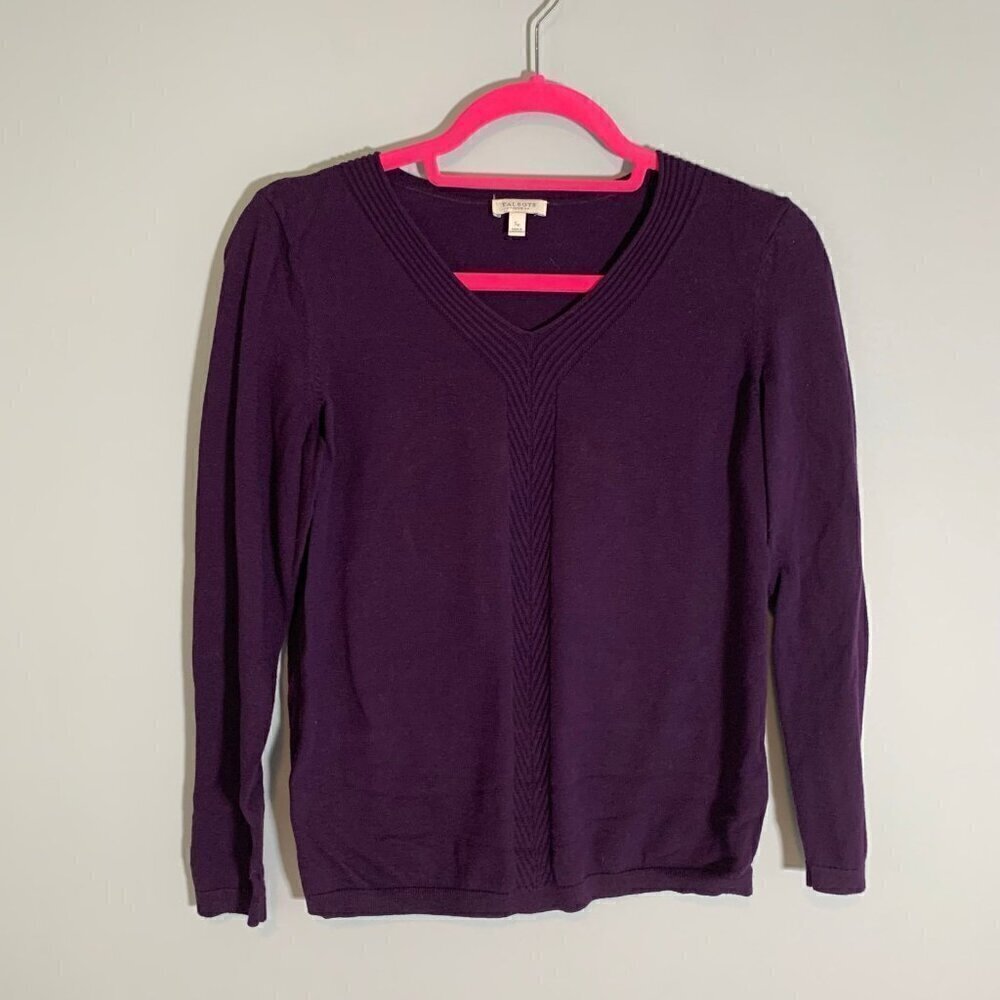 Talbots Petite Purple V-Neck 100% Cotton Sweater‎ Ribbed Chevron Detail SP